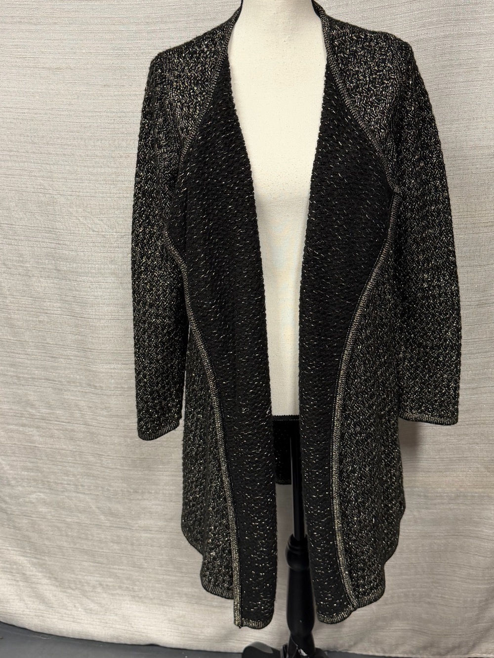 Rafaella Black & Metallic Gd Open Front Knit Longline Cardigan